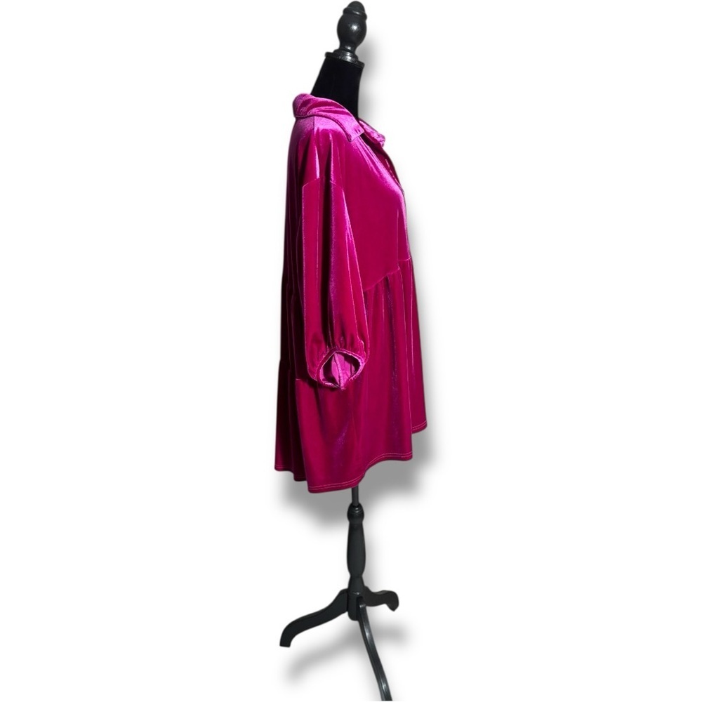 Chic Fuchsia Button-Front Velvet 3/4 Balloon Sleeves Tiered Collared Tunic Top - Picture 6 of 16